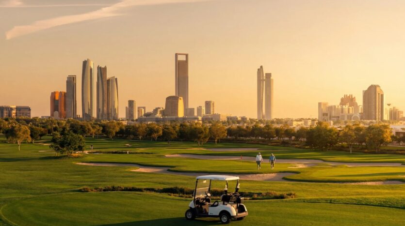 Des golfeurs marchent sur un parcours verdoyant au coucher du soleil, avec une voiturette de golf au premier plan et la ligne d'horizon moderne de Hudayriyat Golf Estates avec de grands immeubles à l'arrière-plan.