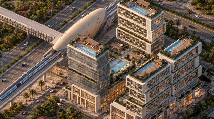 Vue aérienne des tours modernes de Raw District by Imtiaz, avec des piscines sur les toits, des palmiers et des routes à proximité. Une gare futuriste de forme ovale se trouve à proximité du complexe et est longée par une voie ferrée légère.