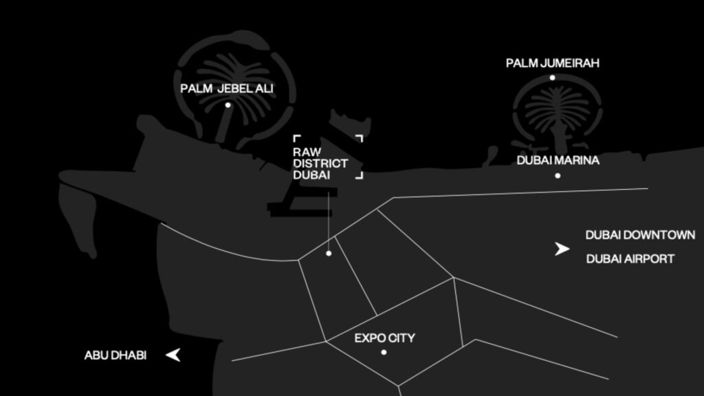 Une carte simplifiée en noir et blanc met en évidence les quartiers de Dubaï, notamment Palm Jebel Ali, Palm Jumeirah, Raw District by Imtiaz, Dubai Marina, Expo City, Dubai Downtown, Dubai Airport et Abu Dhabi.