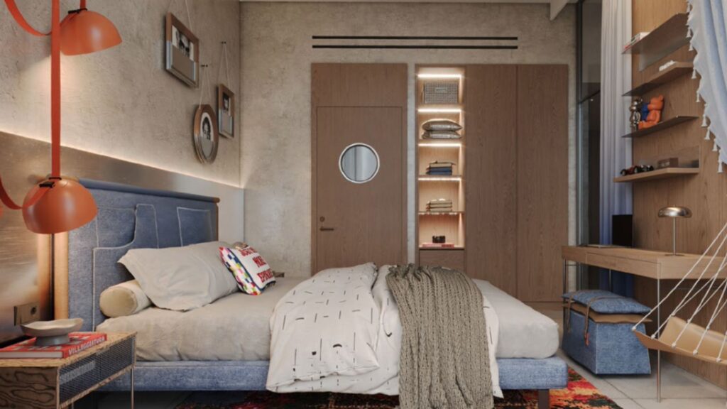Une chambre à coucher moderne avec un lit rembourré bleu, une literie claire, des oreillers colorés, des œuvres d'art murales et des étagères encastrées élégantes avec de la décoration - un espace inspiré par le style contemporain de Raw District by Imtiaz.