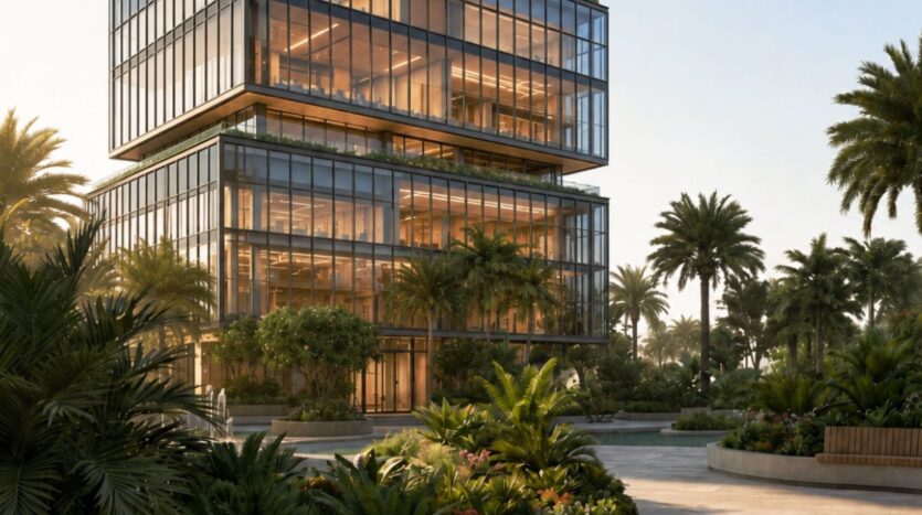 Un immeuble de bureaux moderne en verre avec des étages superposés, entouré de palmiers et de plantes verdoyantes dans l'espace extérieur ensoleillé et paysager de Raw District by Imtiaz.