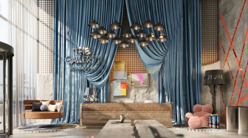 Un hall d'entrée élégant au Raw District by Imtiaz avec des rideaux bleus, un bureau d'accueil en bois, des lampes suspendues, des canapés modernes, des œuvres d'art murales et un panneau "The Gallery Residence Lobby" (hall d'entrée de la résidence de la galerie). La lumière pénètre par de grandes fenêtres et illumine le décor contemporain.