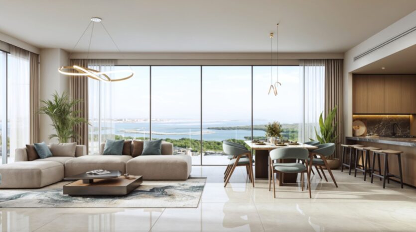 Salon et salle à manger modernes à Rotana Residences, avec de grandes fenêtres offrant une vue panoramique sur l'océan, un canapé sectionnel beige, une table à manger ronde avec des chaises vertes, une cuisine épurée, un éclairage contemporain et des plantes d'intérieur.