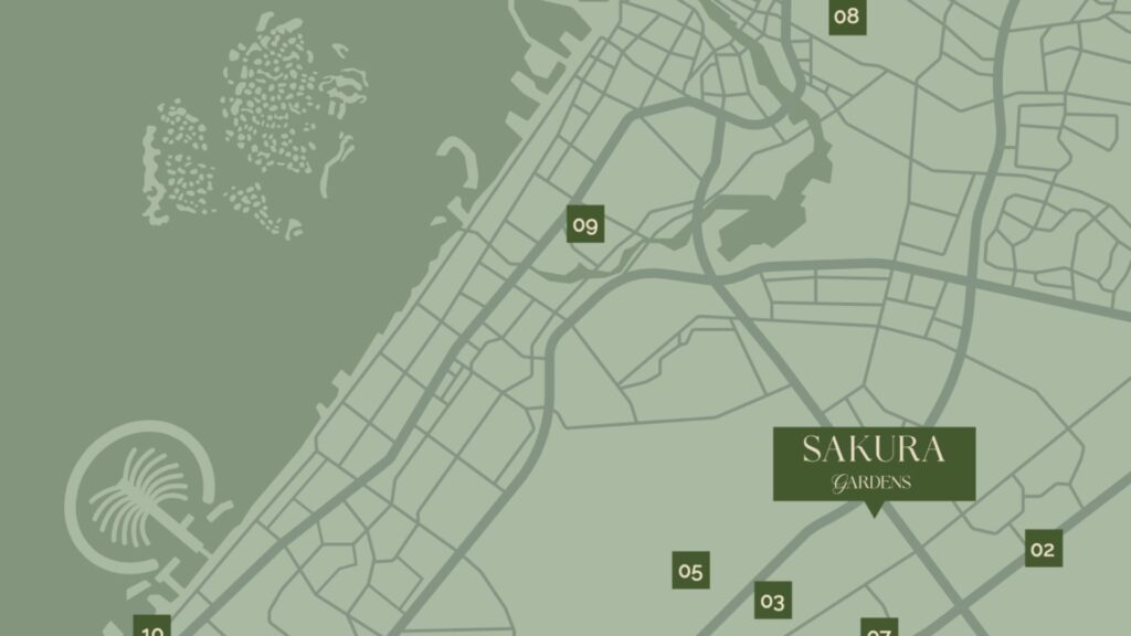 Une carte verte et beige d'une ville côtière met en évidence "SAKURA GARDENS" dans une case bien visible, avec des emplacements numérotés - 02, 03, 05, 08 et 09 - marqués le long des routes et des zones environnantes.