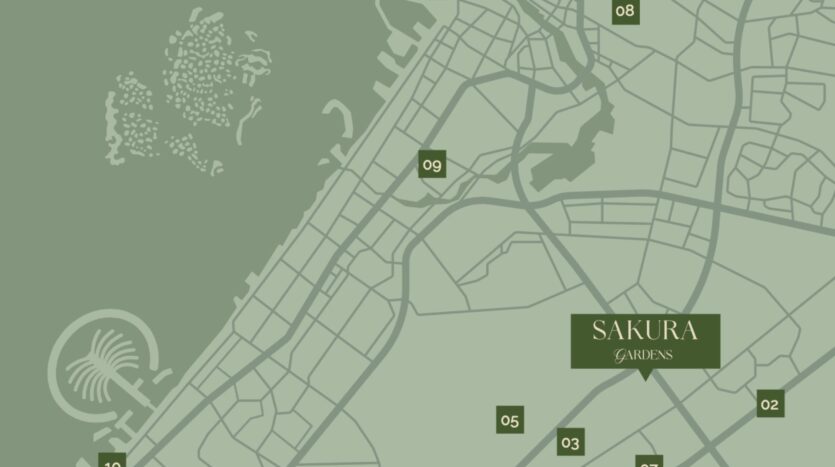Une carte verte et beige d'une ville côtière met en évidence "SAKURA GARDENS" dans une case bien visible, avec des emplacements numérotés - 02, 03, 05, 08 et 09 - marqués le long des routes et des zones environnantes.