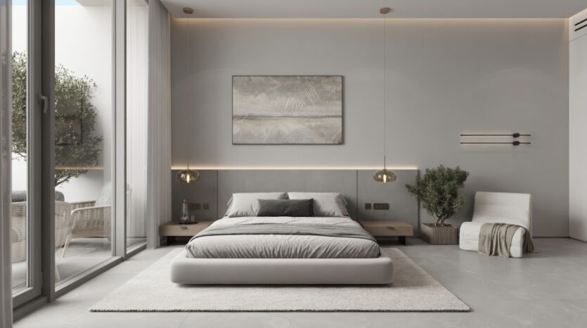 Une chambre à coucher moderne et minimaliste avec un lit bas gris, une literie neutre et une œuvre d'art abstraite au-dessus de la tête de lit. De grandes fenêtres laissent entrer la lumière naturelle, tandis que des touches de décoration inspirées des jardins de Sakura et des plantes en pot apportent de la tranquillité à l'espace.