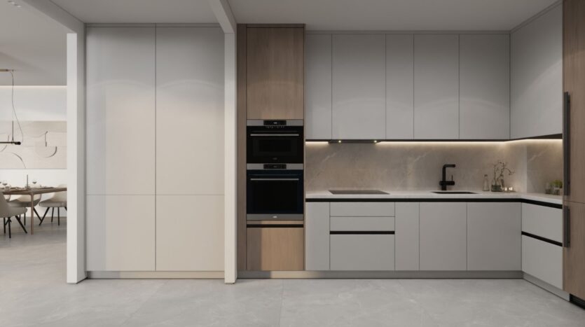 Cuisine moderne minimaliste avec des armoires gris clair, des fours encastrés, un robinet noir et un éclairage sous l'armoire. Des tons neutres et des lignes épurées définissent cet espace inspiré des jardins de Sakura. La salle à manger est visible à l'arrière-plan.