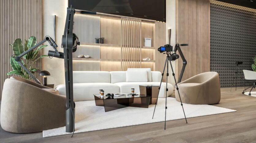 Salon moderne composé d'un canapé blanc, de fauteuils bronzés, d'une table basse et de deux appareils photo sur trépied. Une plante apporte de la fraîcheur à l'espace. Des panneaux de bois et des étagères avec un éclairage doux évoquent l'ambiance sereine des jardins de Sakura, parfaits pour filmer ou enregistrer.