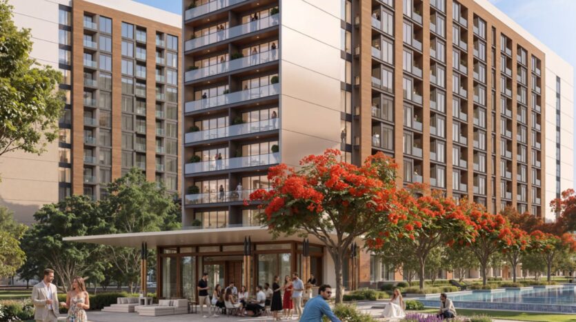 The Woods by Sobha propose un immeuble d'appartements moderne avec des balcons donnant sur une cour paysagée remplie d'arbres à fleurs rouges, un petit café et des gens qui se rencontrent et se détendent près d'un bassin réfléchissant par une journée ensoleillée.