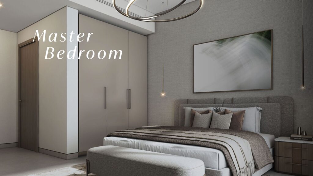 Chambre à coucher principale moderne à The Woods by Sobha avec un grand lit, une literie neutre, une banquette coussinée, une armoire minimaliste, un art mural abstrait et un éclairage suspendu élégant ; texte "Chambre à coucher principale" sur l'image.