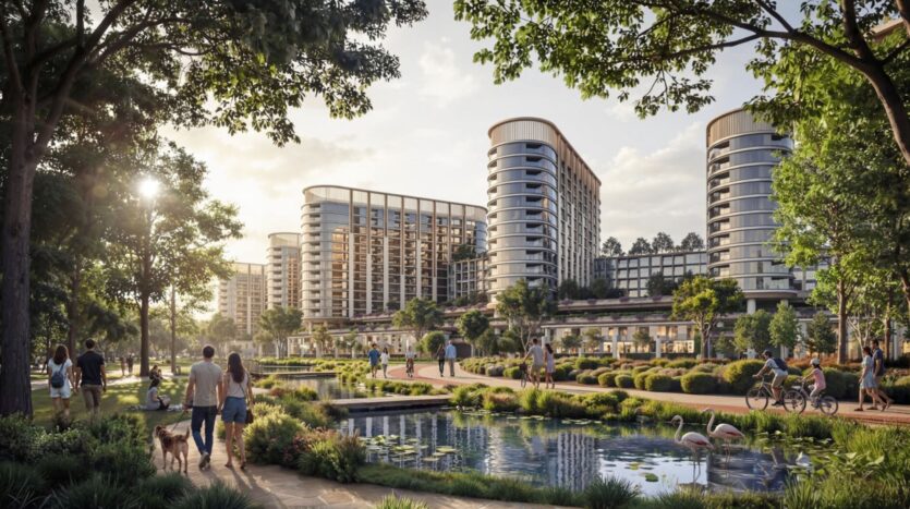 Sous un ciel partiellement nuageux, des personnes se promènent le long de sentiers aménagés et d'un étang avec des nénuphars et des flamants roses dans The Woods by Sobha, un parc moderne entouré de grands immeubles d'habitation courbés et d'une verdure luxuriante.