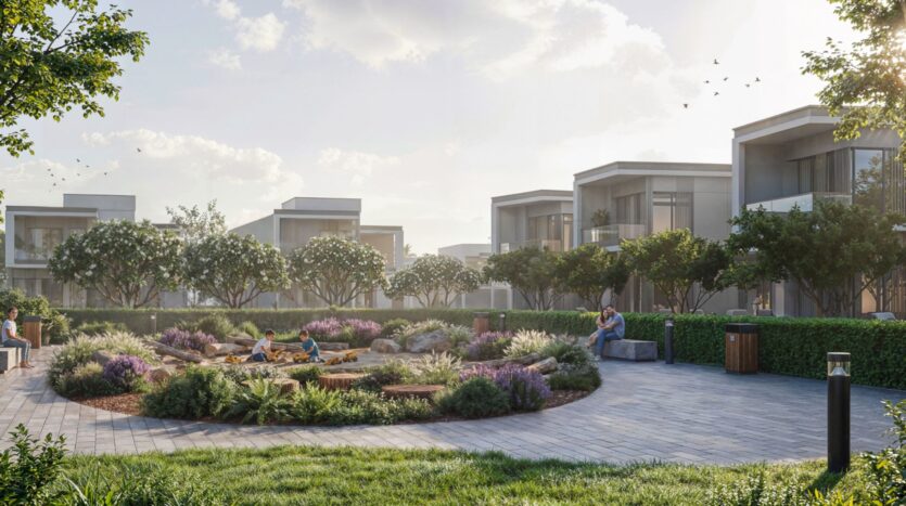 Une cour paysagée de The Woods by Sobha présente des bâtiments modernes en arrière-plan, de la verdure luxuriante et des personnes se relaxant sur des bancs et près d'un jardin rond central sous un ciel partiellement nuageux.