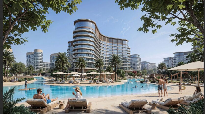 Complexe luxueux en bord de mer, The Woods by Sobha se compose de bâtiments modernes à plusieurs étages, de palmiers, de chaises longues et de parasols entourant une grande piscine où l'on peut nager et se détendre sous un ciel bleu ensoleillé.