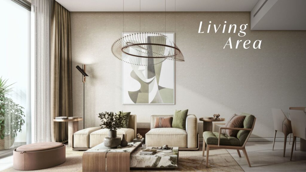 Salon moderne avec des tons neutres, des meubles minimalistes, des œuvres d'art murales abstraites et une grande fenêtre avec des rideaux diaphanes. Inspirés par The Woods by Sobha, la table basse et les objets de décoration créent une atmosphère confortable et accueillante de "zone de vie".