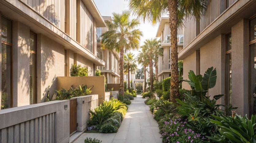 À Tilal by Binghatti, une allée ensoleillée bordée de plantes tropicales luxuriantes et de palmiers passe entre des immeubles d'habitation modernes dotés de grandes fenêtres et de balcons.
