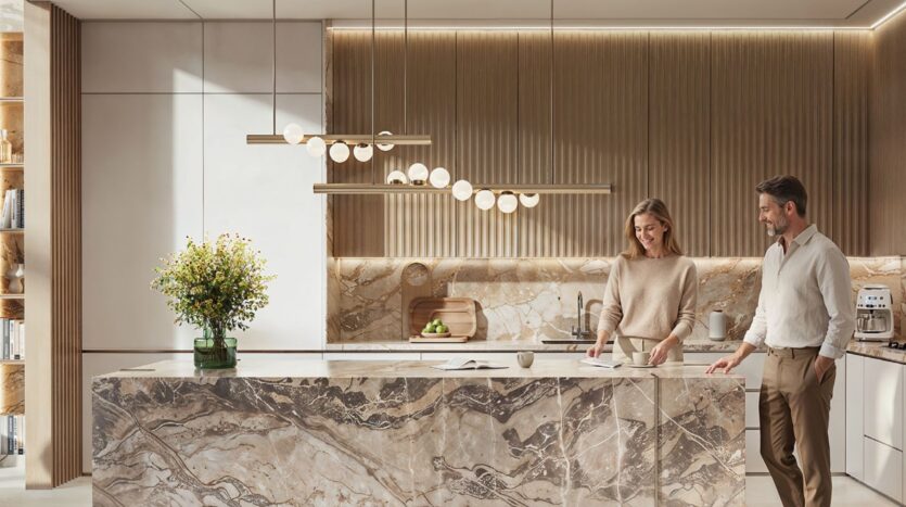 Dans une cuisine moderne Tilal by Binghatti avec des surfaces en marbre et des accents en bois, une femme et un homme sourient au comptoir de l'îlot. Des lampes suspendues brillent au-dessus, tandis qu'un vase de fleurs jaunes ajoute du charme à l'espace.