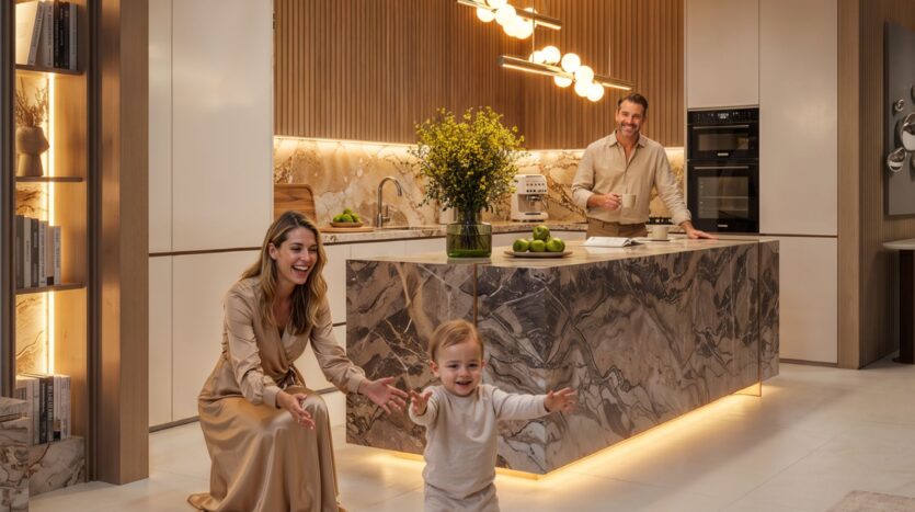 Dans une cuisine moderne Tilal by Binghatti, une femme souriante est assise par terre tandis qu'un enfant en bas âge s'approche d'elle, tandis qu'un homme se tient derrière le comptoir d'un îlot en marbre, tous semblant heureux et détendus.