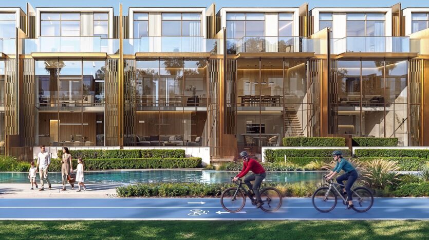 Complexe d'appartements modernes à Tilal by Binghatti avec de grandes baies vitrées et des balcons. À l'avant, deux personnes font du vélo sur une piste réservée à cet effet, tandis qu'un groupe de cinq personnes, dont des enfants, se promène au bord d'une piscine et d'un espace vert aménagé.