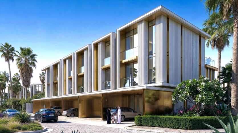 Un complexe moderne de maisons de ville, Tilal by Binghatti, avec de grandes fenêtres et des balcons, dispose de places de parking couvertes. Plusieurs voitures sont garées à l'extérieur et trois personnes se tiennent près d'une voiture. Des palmiers et un paysage luxuriant entourent le bâtiment sous un ciel bleu clair.