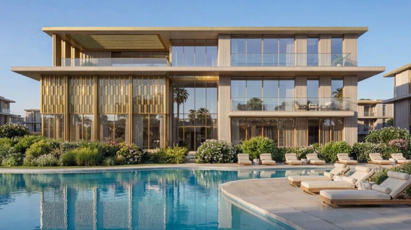 Un bâtiment moderne de trois étages avec de grandes baies vitrées se dresse derrière une piscine paysagée à Tilal by Binghatti, entourée de verdure et de chaises longues sous un ciel bleu limpide.