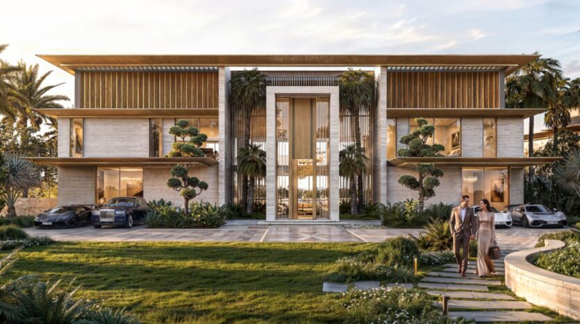 Un manoir moderne et luxueux situé à Tilal by Binghatti est doté de grandes baies vitrées, entouré de palmiers et d'un aménagement paysager soigné. Deux voitures de luxe sont garées devant, tandis qu'un couple bien habillé marche dans l'allée.