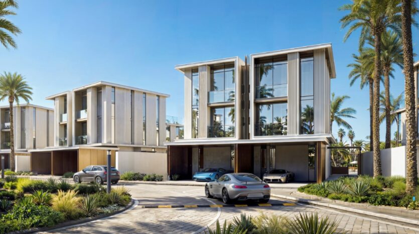 Les villas de luxe modernes de Tilal by Binghatti sont dotées de grandes baies vitrées et sont entourées de palmiers et de jardins paysagers. Plusieurs voitures de luxe sont garées et circulent le long de l'allée incurvée sous un ciel d'un bleu éclatant.
