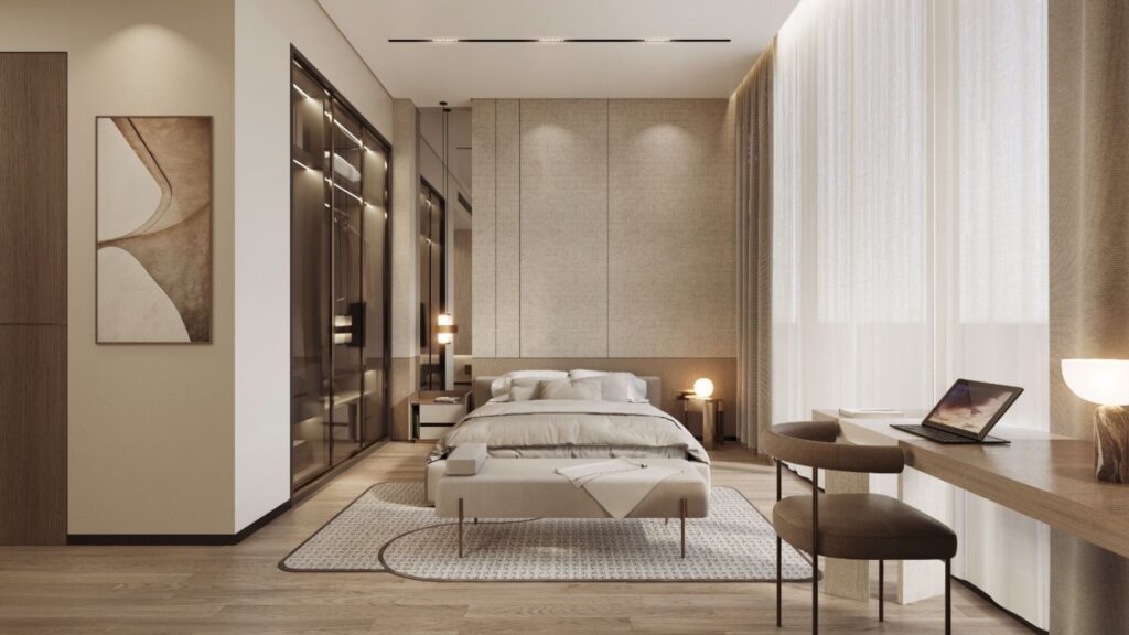 Une chambre à coucher moderne et minimaliste aux tons neutres comprend un lit double, de grandes fenêtres avec des rideaux transparents, un bureau avec un ordinateur portable et une lampe, des œuvres d'art murales abstraites, un éclairage doux, et est élégamment décorée avec Tivanno by AYS.