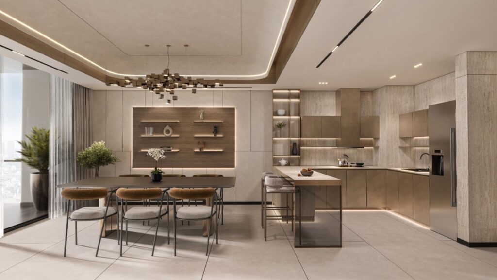 Une cuisine et une salle à manger modernes dans les tons beige et bois, avec une table à manger Tivanno by AYS pour six personnes, un îlot de cuisine avec des tabourets, des armoires encastrées, des étagères ouvertes et de grandes fenêtres qui laissent entrer la lumière naturelle.