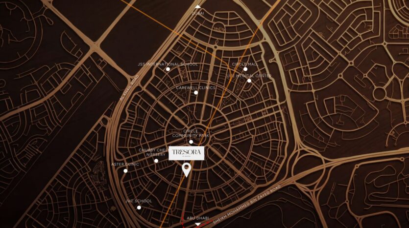 Carte stylisée montrant le tracé des routes et des points de repère à Abu Dhabi, avec au centre un marqueur intitulé "Tresora by Wadan", entouré de lieux remarquables tels que des écoles, des cliniques, des ambassades et le centre de la ville.