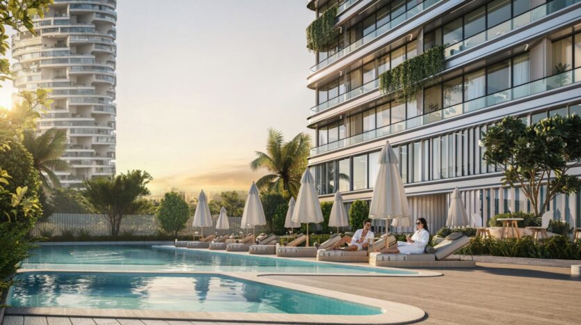Un immeuble d'appartements moderne, Tresora by Wadan, avec des balcons donne sur une piscine entourée de chaises longues, de parasols, de palmiers et de personnes se relaxant au coucher du soleil. Un autre grand bâtiment se dresse à l'arrière-plan.