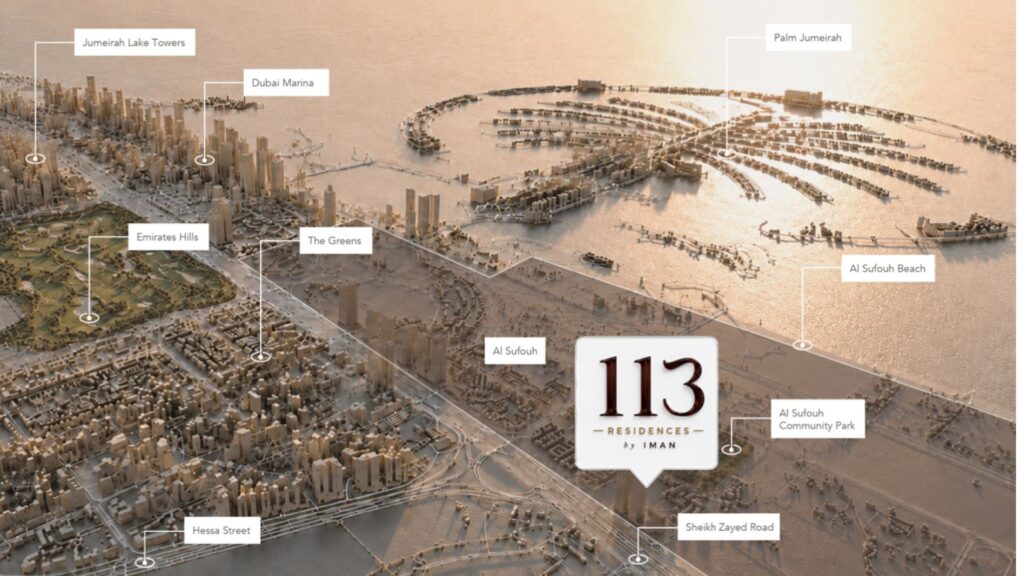 Vue aérienne de Dubaï avec les points de repère indiqués, notamment Palm Jumeirah, Al Sufouh Beach, Dubai Marina et Jumeirah Lake Towers, avec le 113 Residences by Iman mis en évidence au centre.