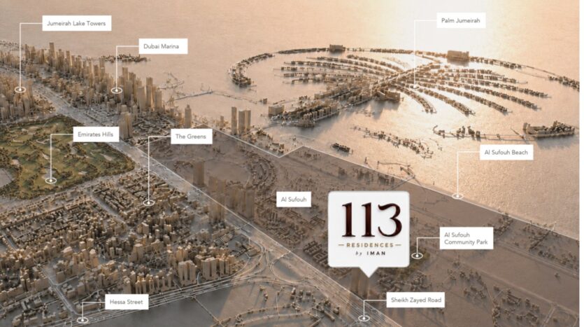 Vue aérienne de Dubaï avec les points de repère indiqués, notamment Palm Jumeirah, Al Sufouh Beach, Dubai Marina et Jumeirah Lake Towers, avec le 113 Residences by Iman mis en évidence au centre.