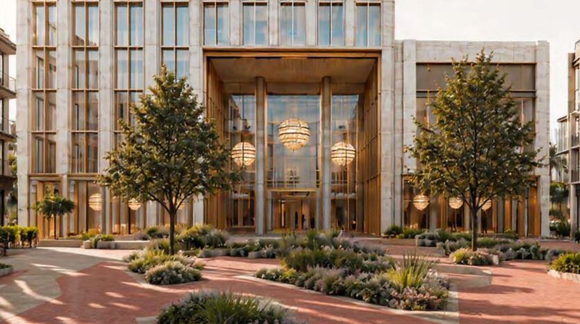 Un bâtiment moderne avec de grandes baies vitrées et de hautes colonnes à Arancia Yards by Beyond, entouré de jardins paysagers, d'arbres et d'allées bien ordonnées. Des luminaires sphériques sont suspendus dans l'entrée, ajoutant de l'élégance à la scène.