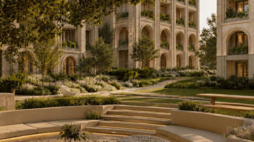 Une cour aménagée à Arancia Yards by Beyond présente des marches en pierre, des jardins en terrasses, une végétation luxuriante, des bancs incurvés et un immeuble d'appartements avec des fenêtres cintrées et des balcons ornés de plantes à l'arrière-plan.