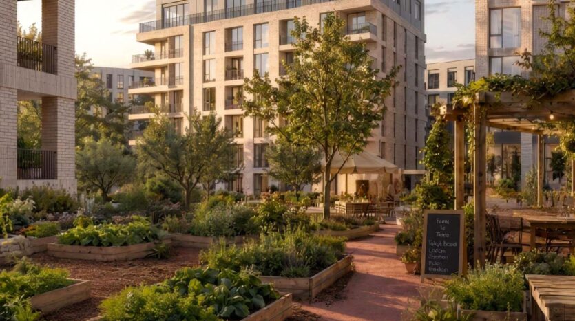 Un immeuble d'habitation moderne d'Arancia Yards by Beyond donne sur un jardin communautaire luxuriant composé de plates-bandes surélevées, de plantes et d'arbres, de sièges extérieurs et d'un panneau à craie, le tout baigné par la lumière chaude du soleil de début de soirée.