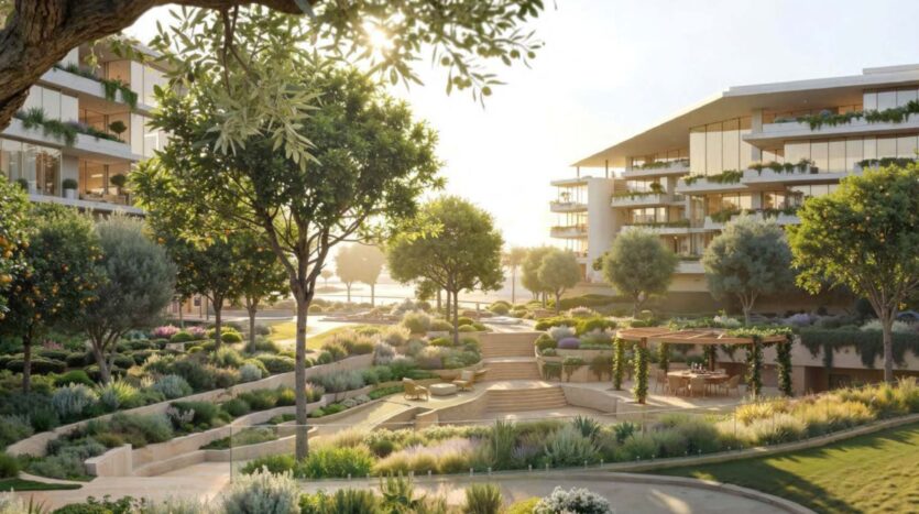 Des immeubles d'habitation modernes entourent un jardin paysager luxuriant à Arancia Yards by Beyond, avec des allées, des arbres et des places assises baignées par la lumière chaude du soleil. Cette scène sereine invite à la détente au milieu d'une verdure et de fleurs éclatantes dans l'ensemble de l'espace ouvert.