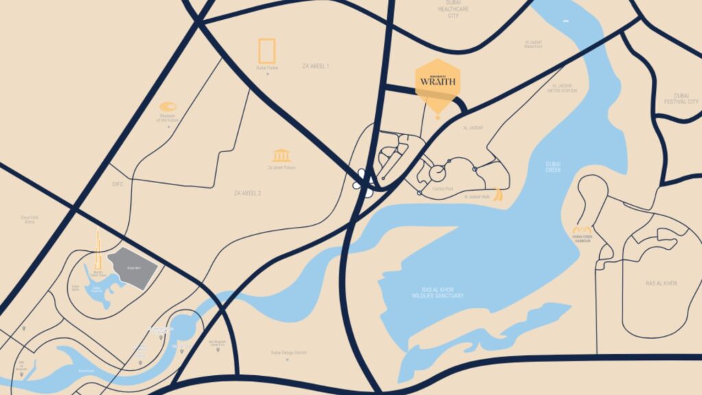 Carte stylisée représentant les routes, les cours d'eau et les points de repère d'une ville. Le logo « Binghatti Wraith » est mis en évidence près du centre, entouré de cours d'eau bleus sinueux et de rues beiges. Les principaux sites et parcs sont signalés par des icônes simples.