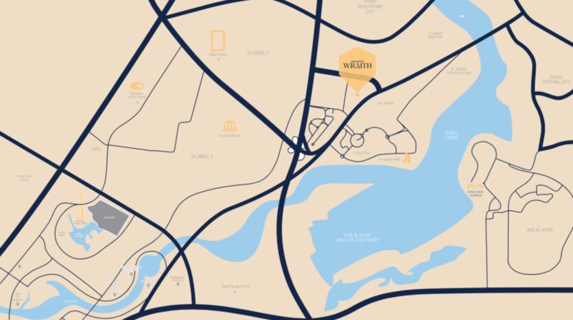 Carte stylisée représentant les routes, les cours d'eau et les points de repère d'une ville. Le logo « Binghatti Wraith » est mis en évidence près du centre, entouré de cours d'eau bleus sinueux et de rues beiges. Les principaux sites et parcs sont signalés par des icônes simples.