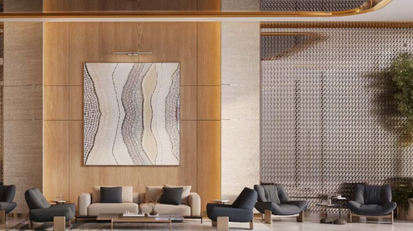 Un salon moderne inspiré de Binghatti Wraith se compose de canapés sombres, de tables rondes et d'un grand tableau abstrait accroché sur un mur d'accent en bois. L'espace est agrémenté de panneaux muraux texturés, de tons neutres et d'une touche de verdure.