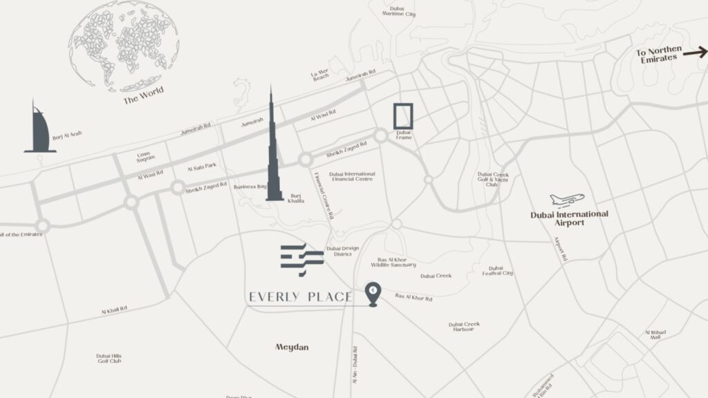 Une carte en niveaux de gris de Dubaï met en avant Everly Place by Ellington à Meydan, avec des icônes représentant des sites emblématiques tels que la Burj Khalifa, la Burj Al Arab et l'aéroport international de Dubaï, ainsi que les principaux axes routiers et les zones environnantes.