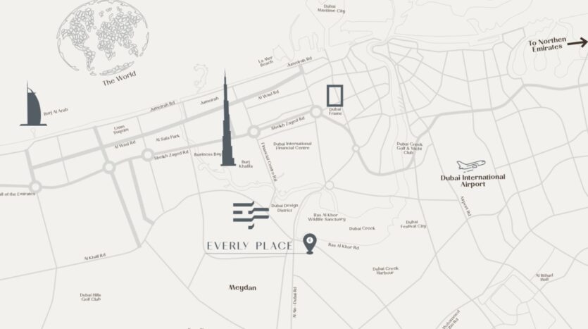 Une carte en niveaux de gris de Dubaï met en avant Everly Place by Ellington à Meydan, avec des icônes représentant des sites emblématiques tels que la Burj Khalifa, la Burj Al Arab et l'aéroport international de Dubaï, ainsi que les principaux axes routiers et les zones environnantes.