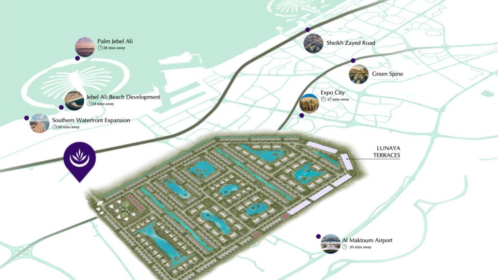 Une carte présentant Lunaya Terraces et sa proximité avec les sites emblématiques de Dubaï, tels que Palm Jebel Ali, la plage de Jebel Ali, le Southern Waterfront, la Sheikh Zayed Road, le Green Spine, Expo City et l'aéroport Al Maktoum, avec les distances clairement indiquées.
