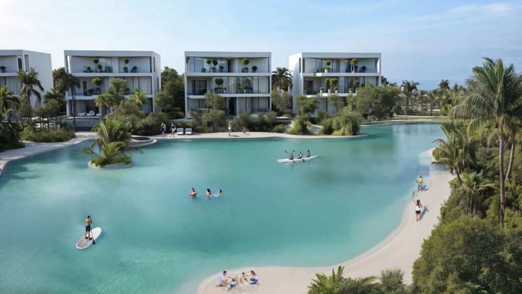 Les bâtiments modernes en bord de mer de Lunaya Terraces donnent sur un grand lagon aux eaux limpides où l'on peut voir des gens faire du paddle, du kayak ou se détendre sur le rivage, au milieu des palmiers et d'une végétation luxuriante, sous un ciel radieux.