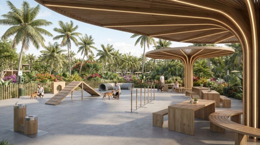 Un parc canin en plein air moderne situé à Lunaya Terraces, équipé de bancs en bois, d'installations d'agilité et fréquenté par des promeneurs accompagnés de leurs chiens. L'espace est entouré d'une végétation tropicale luxuriante et de palmiers, sous un ciel partiellement nuageux.