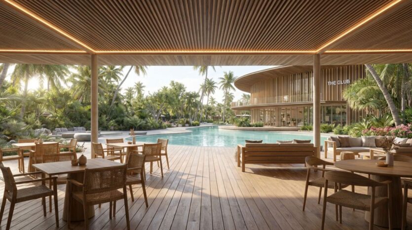 Le spacieux salon extérieur des Lunaya Terraces, avec ses tables et ses chaises en bois, donne sur une grande piscine entourée de palmiers. Le bâtiment moderne baptisé « The Club » se dresse de l'autre côté de l'eau, sous un ciel dégagé.