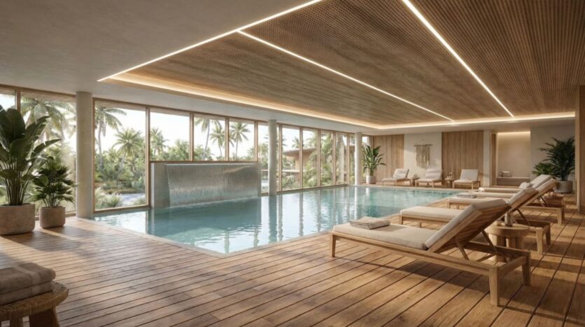 Espace piscine couvert moderne au Lunaya Terraces, avec parquet et chaises longues, de grandes baies vitrées donnant sur des palmiers et une végétation luxuriante, ainsi qu'une cascade se déversant dans la piscine. Un éclairage tamisé crée une atmosphère apaisante.