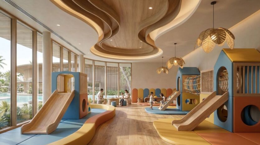 Salle de jeux moderne pour enfants à Lunaya Terraces, dotée de maisonnettes colorées, de toboggans et de structures d'escalade. De grandes baies vitrées laissent entrer la lumière naturelle. Le plafond en bois ondulé et la décoration ludique créent une ambiance chaleureuse qui plaît autant aux enfants qu'aux adultes.