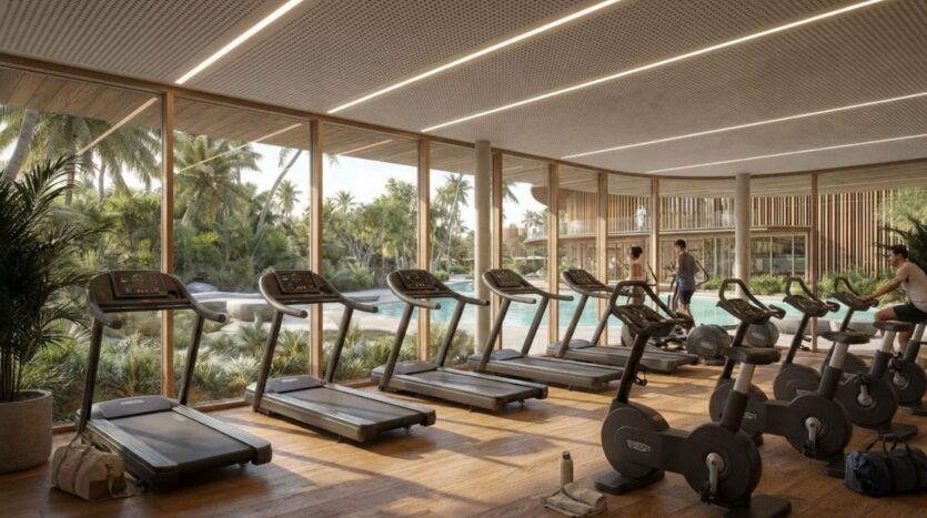 La salle de sport moderne du Lunaya Terraces est équipée de tapis de course et de vélos d'appartement installés face à de grandes baies vitrées donnant sur des palmiers, une végétation luxuriante et une piscine extérieure. Deux personnes s'entraînent tandis que la lumière naturelle inonde cette salle spacieuse.