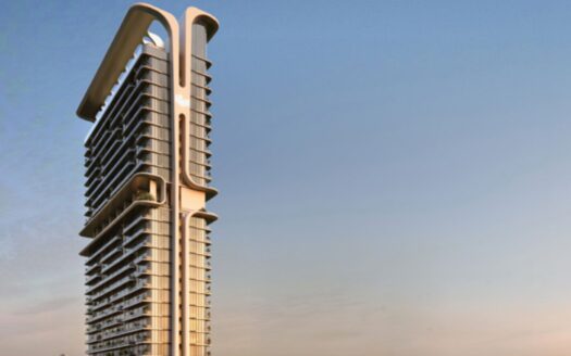 Immeuble moderne de grande hauteur à l'architecture unique, caractérisé par ses lignes arrondies et ses grands balcons, le Mövenpick Residences se détache avec élégance sur le ciel clair du crépuscule.