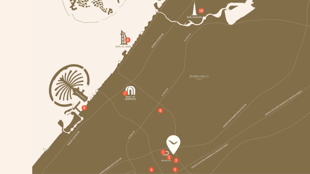 Carte stylisée présentant les sites emblématiques et les itinéraires de Dubaï, notamment les résidences Mövenpick, Palm Jumeirah (à gauche), le Burj Al Arab, le Mall of the Emirates, le Burj Khalifa, Dubai Hills, ainsi que des repères numérotés reliés par des lignes blanches.